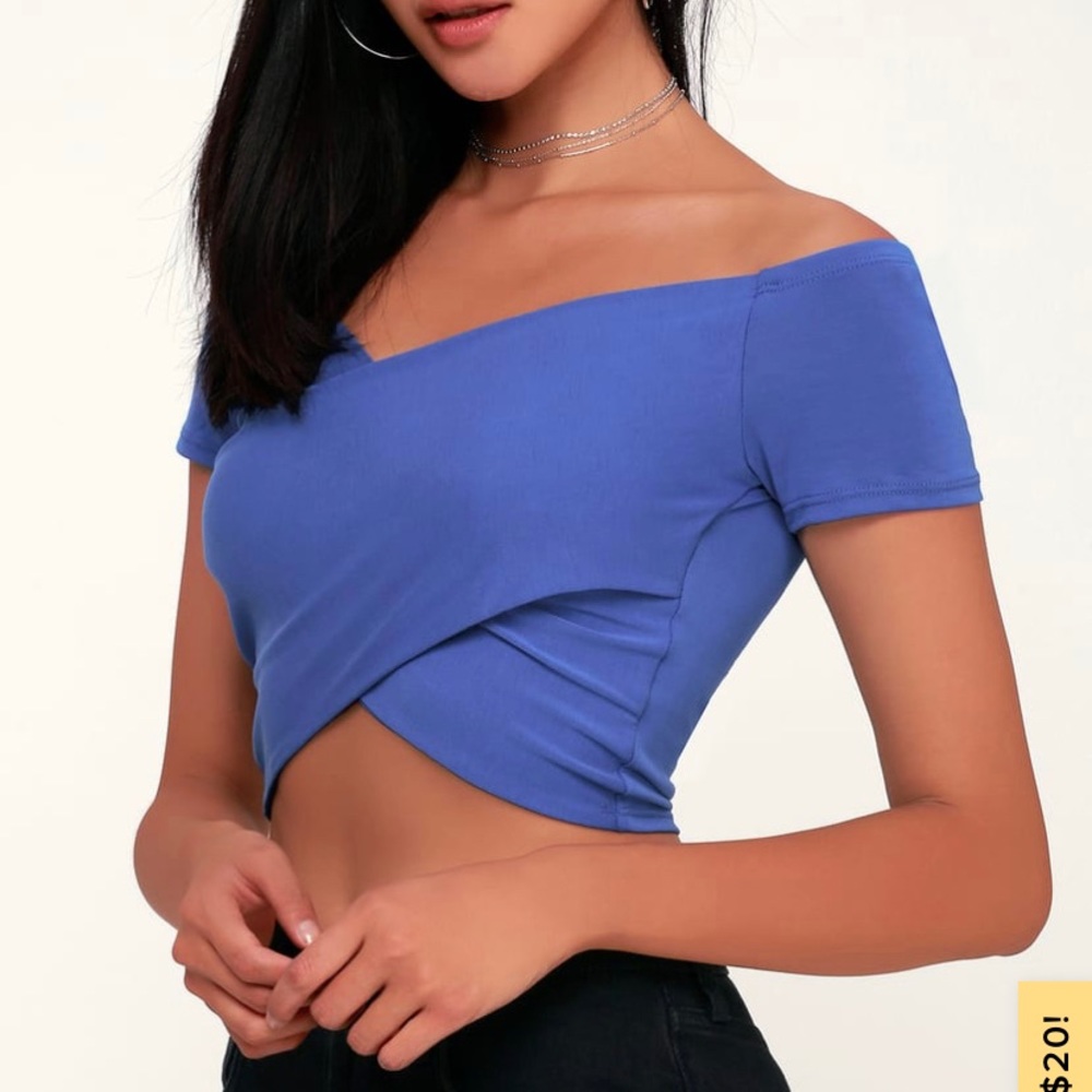Lulu’s Blue Surplice Off the Shoulder Crop Top